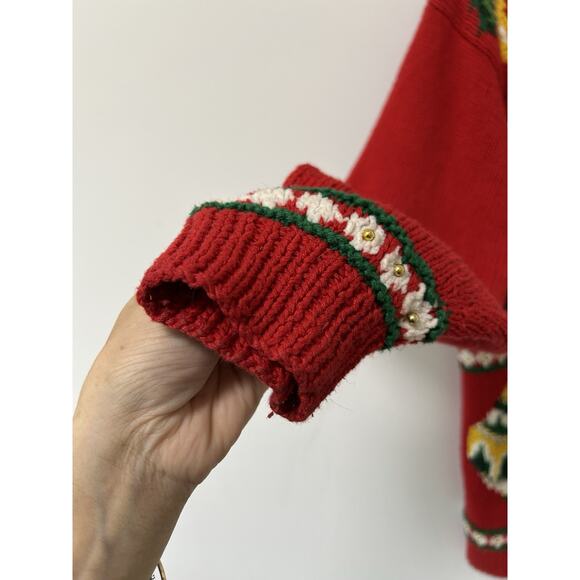 Vintage Christmas Cardigan Sweater Size L Marisa Christina Bead Embroidered Bear - Picture 3 of 12